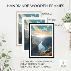 Handmade wooden frames in natural, white, and black around a Norwegian Fjord wall art print, ready to hang.
