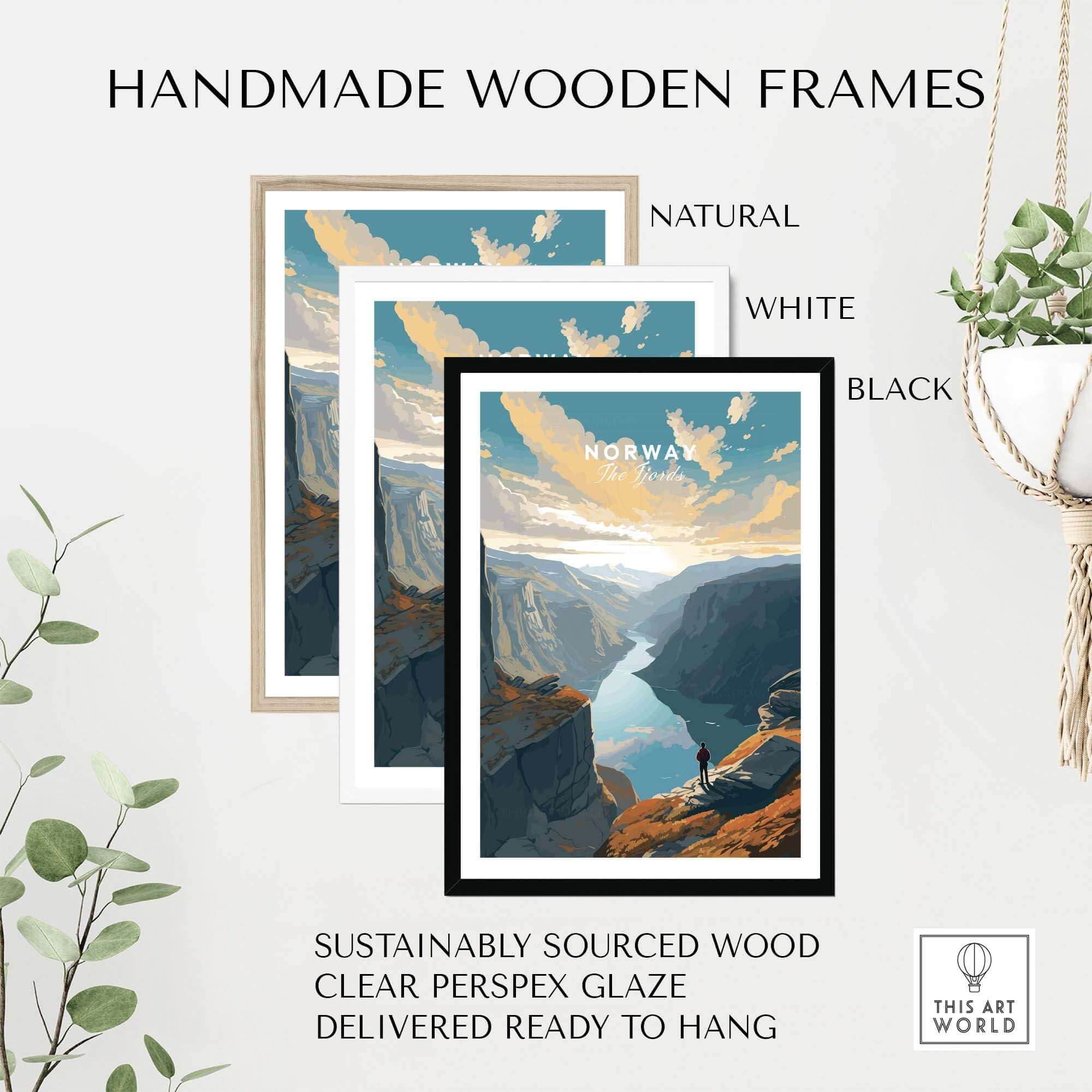 Handmade wooden frames in natural, white, and black around a Norwegian Fjord wall art print, ready to hang.