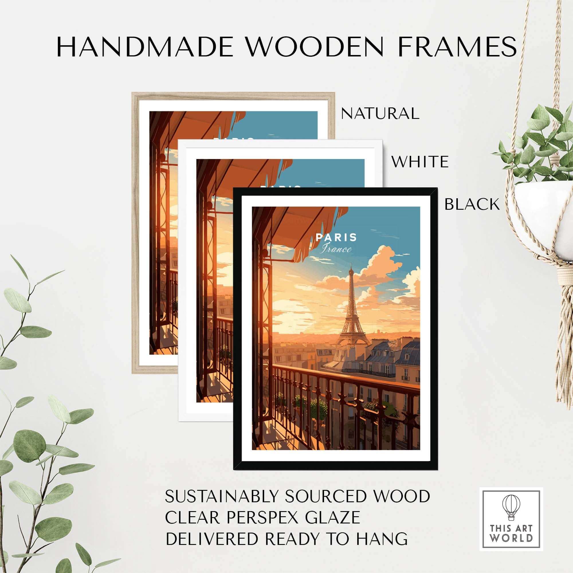 Handmade wooden frames in natural, white, and black colors showcasing a Paris Eiffel Tower art print. Sustainable and ready to hang.