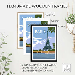 Handmade wooden frames in natural, white, and black colors for Paris travel posters, ready to hang and sustainably sourced.