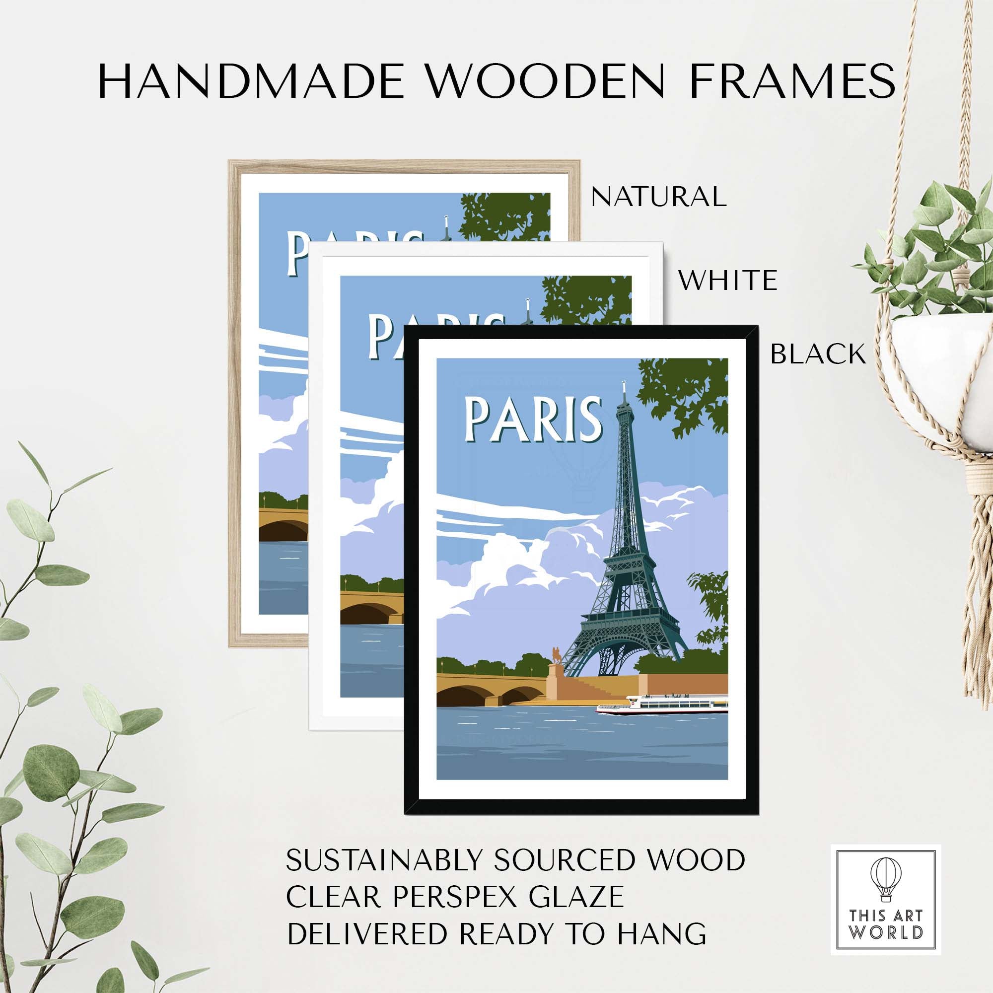 Handmade wooden frames in natural, white, and black colors for Paris travel posters, ready to hang and sustainably sourced.