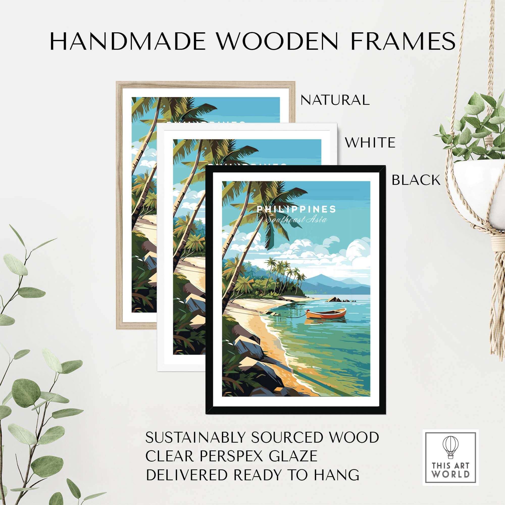 Handmade wooden frames in natural, white, and black for Philippines Art Print, perfect for tropical decor.
