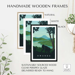 Rwanda travel poster prints in handmade wooden frames, featuring mountain gorillas and lush landscapes. Ready to hang decor.