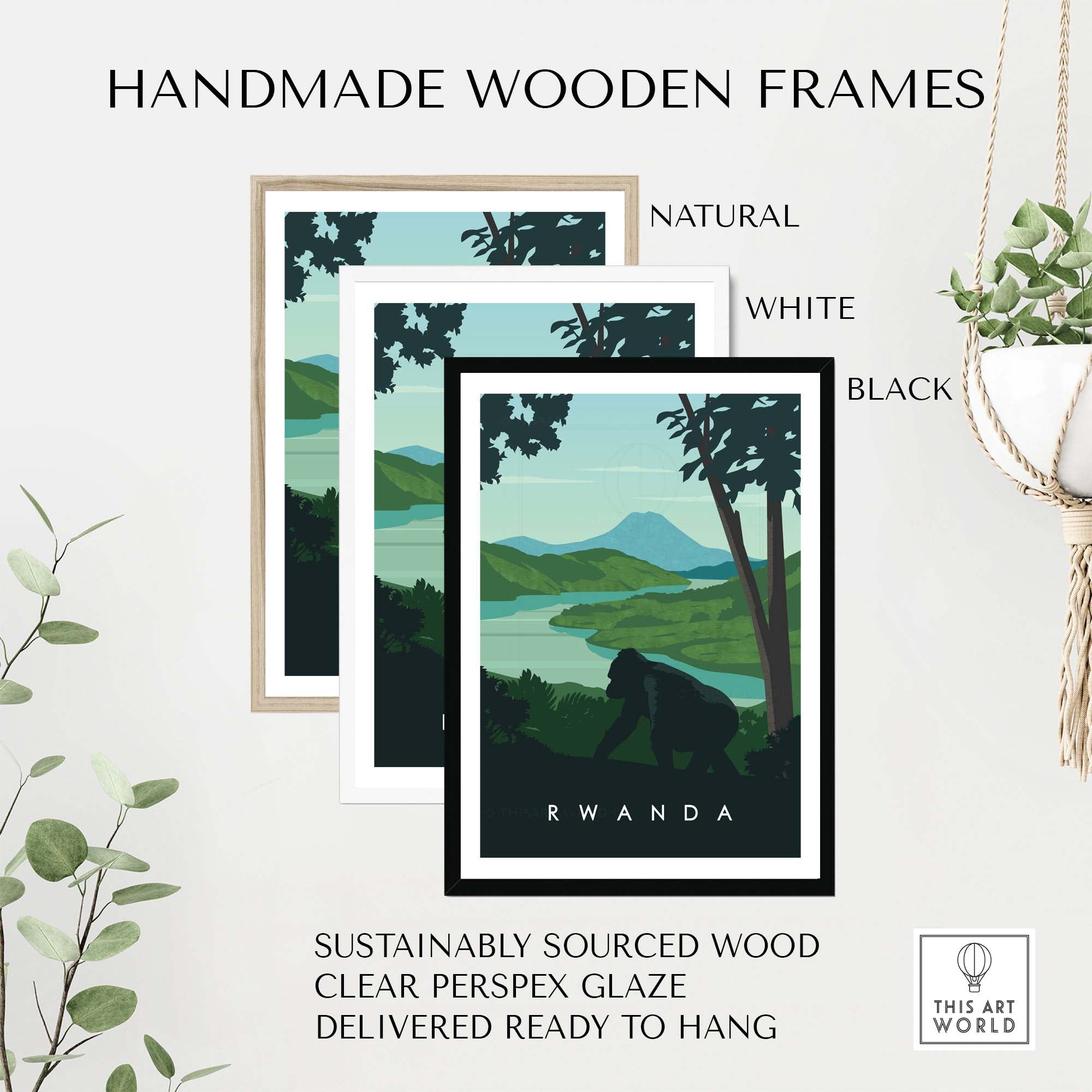 Rwanda travel poster prints in handmade wooden frames, featuring mountain gorillas and lush landscapes. Ready to hang decor.
