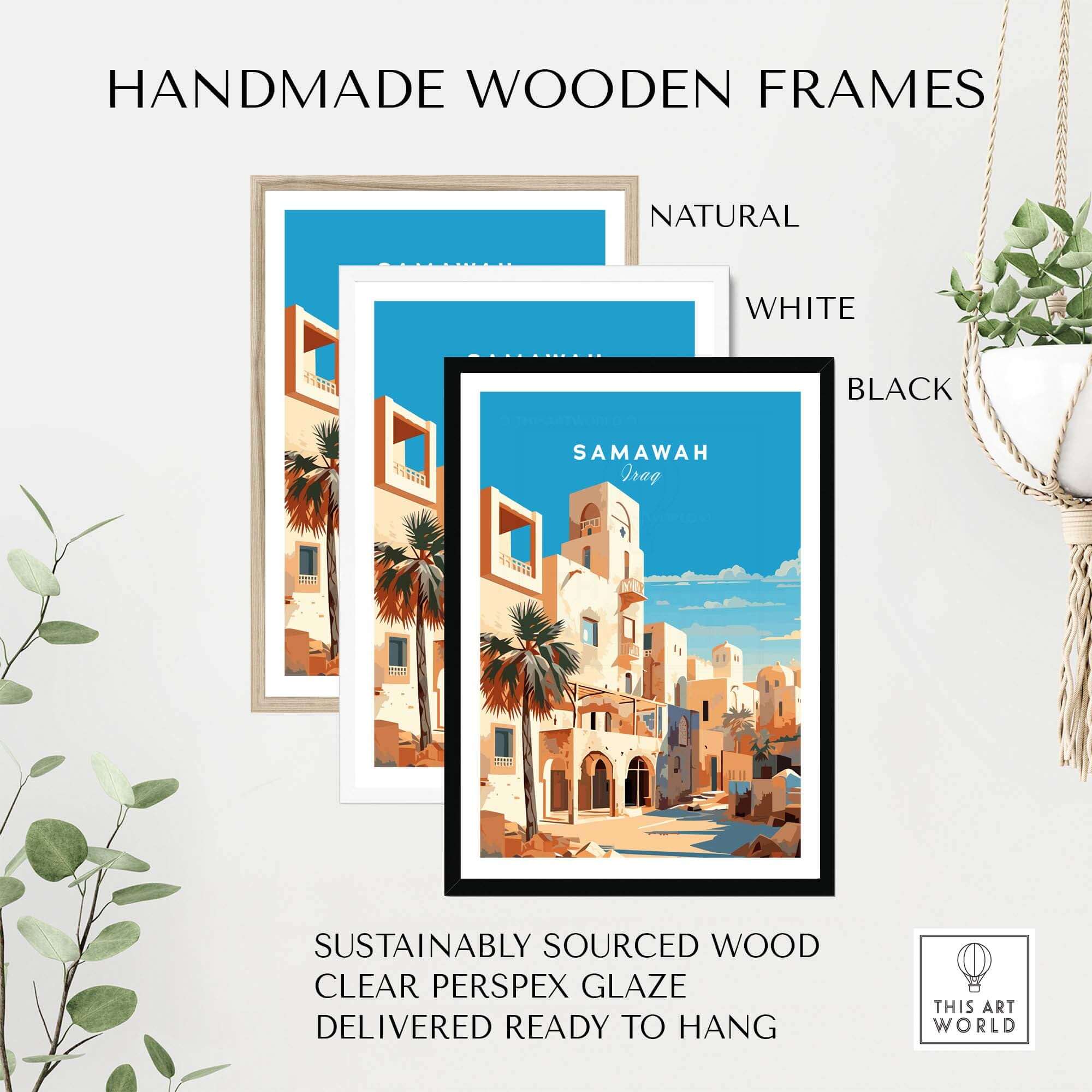 Handmade wooden frames in natural, white, and black for Samawah Iraq travel poster print, ready to hang.