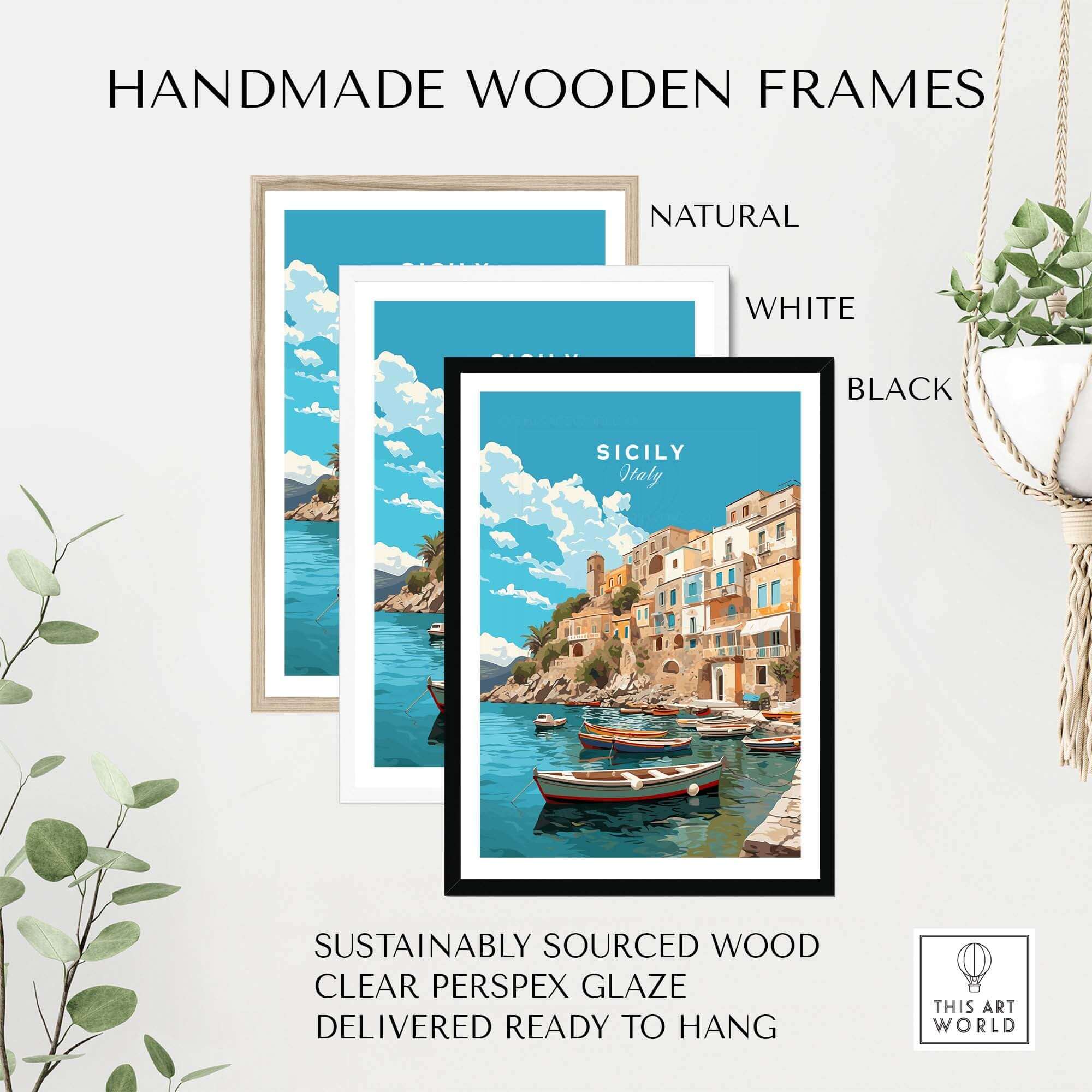 Three handmade wooden frames in natural, white, and black showcasing a Sicily Wall Art Print.