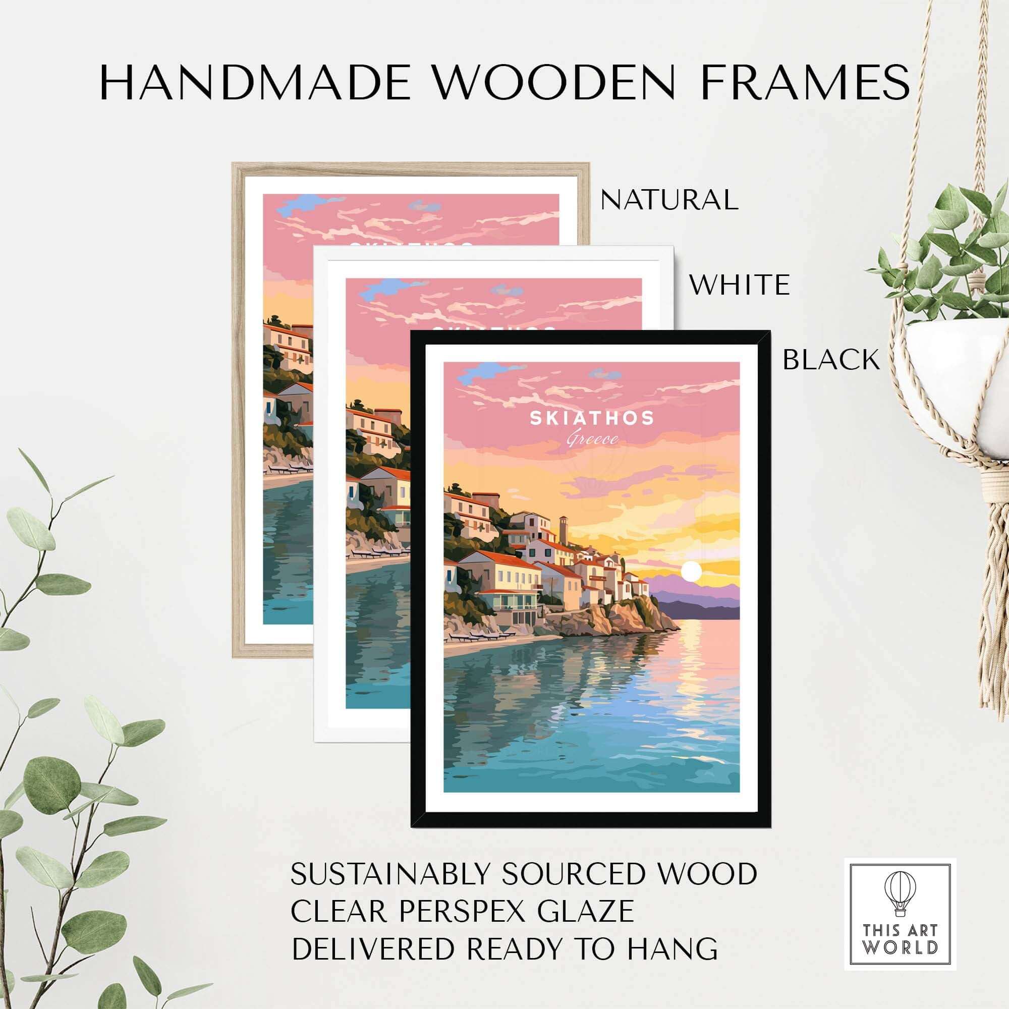 Handmade wooden frames in natural, white, and black for Skiathos Greece travel poster, featuring sustainably sourced wood.