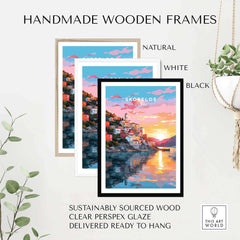 Handmade wooden frames in natural, white, and black for Skopelos Greece travel poster print, ready to hang.