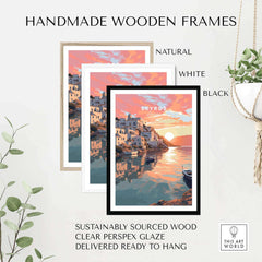 Handmade wooden frames in natural, white, and black for Skyros Greece travel poster, sustainably sourced with clear glaze.