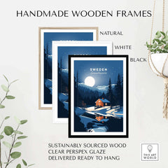 Set of handmade wooden frames in natural, white, and black, showcasing a Sweden art print, ready to hang.