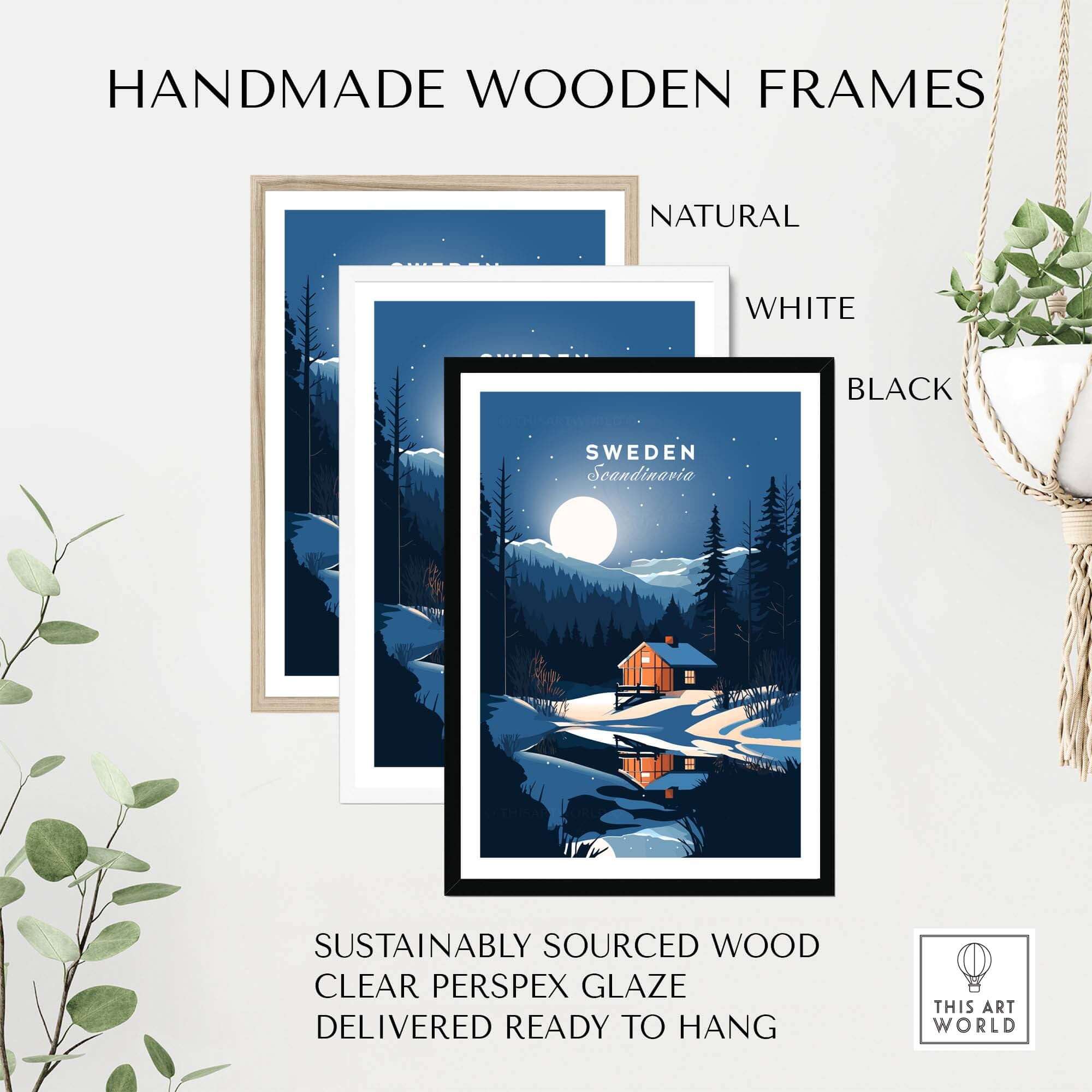 Set of handmade wooden frames in natural, white, and black, showcasing a Sweden art print, ready to hang.