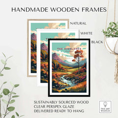 Handmade wooden frames in natural, white, and black for Scottish Highlands wall art, featuring sustainable materials and clear glaze.