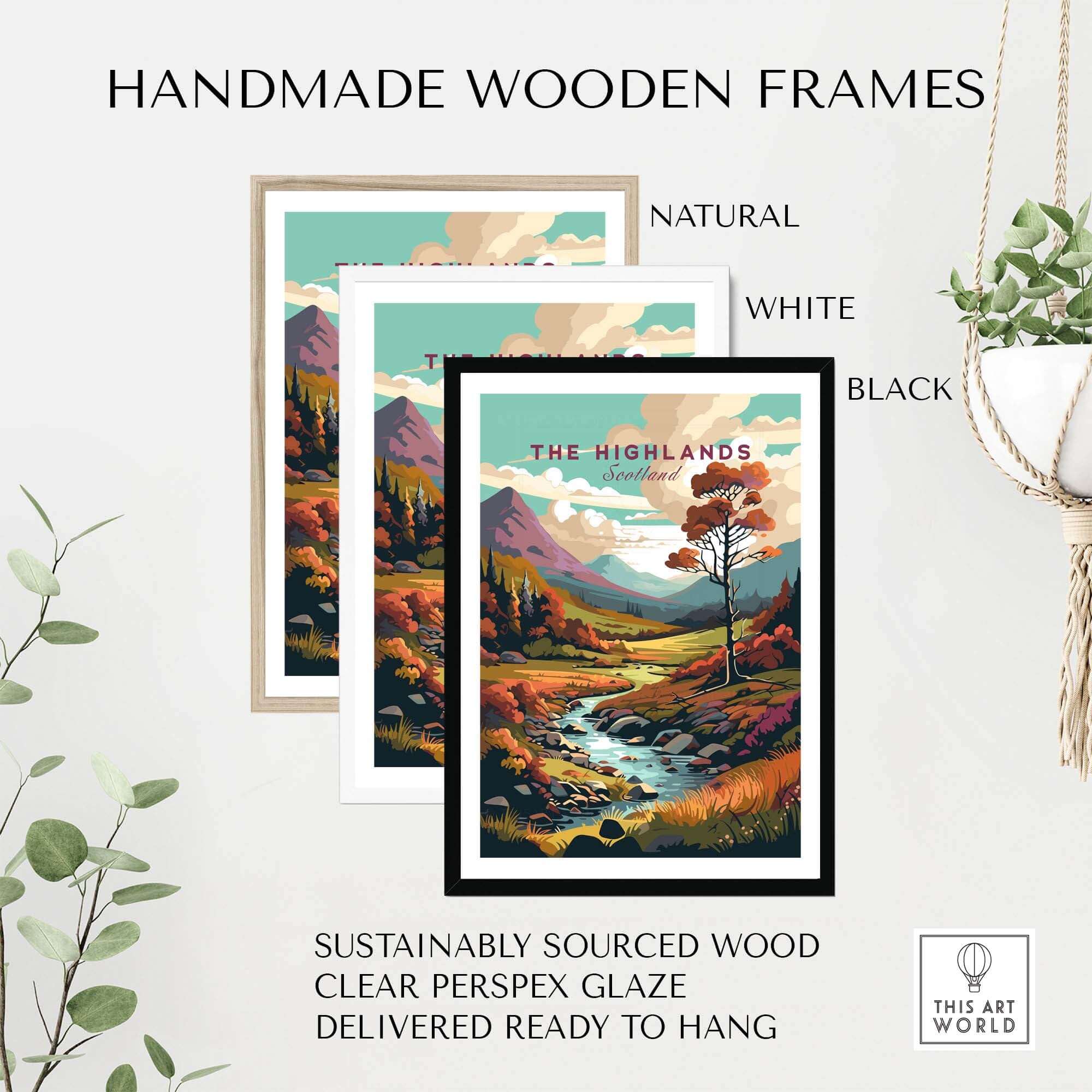Handmade wooden frames in natural, white, and black for Scottish Highlands wall art, featuring sustainable materials and clear glaze.
