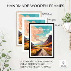Handmade wooden frames in natural, white, and black, featuring a Scottish Highlands art print, sustainably sourced and ready to hang.
