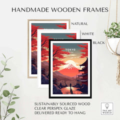 Handmade wooden frames in natural, white, and black for Tokyo wall art, featuring sustainably sourced wood and clear glaze.