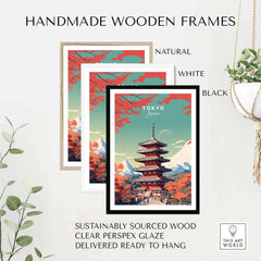 Handmade wooden frames in natural, white, and black for a Tokyo Japan poster, showcasing Japanese art with quality materials.