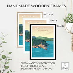 Handmade wooden frames in natural, white, and black for West Vancouver BC travel poster print.