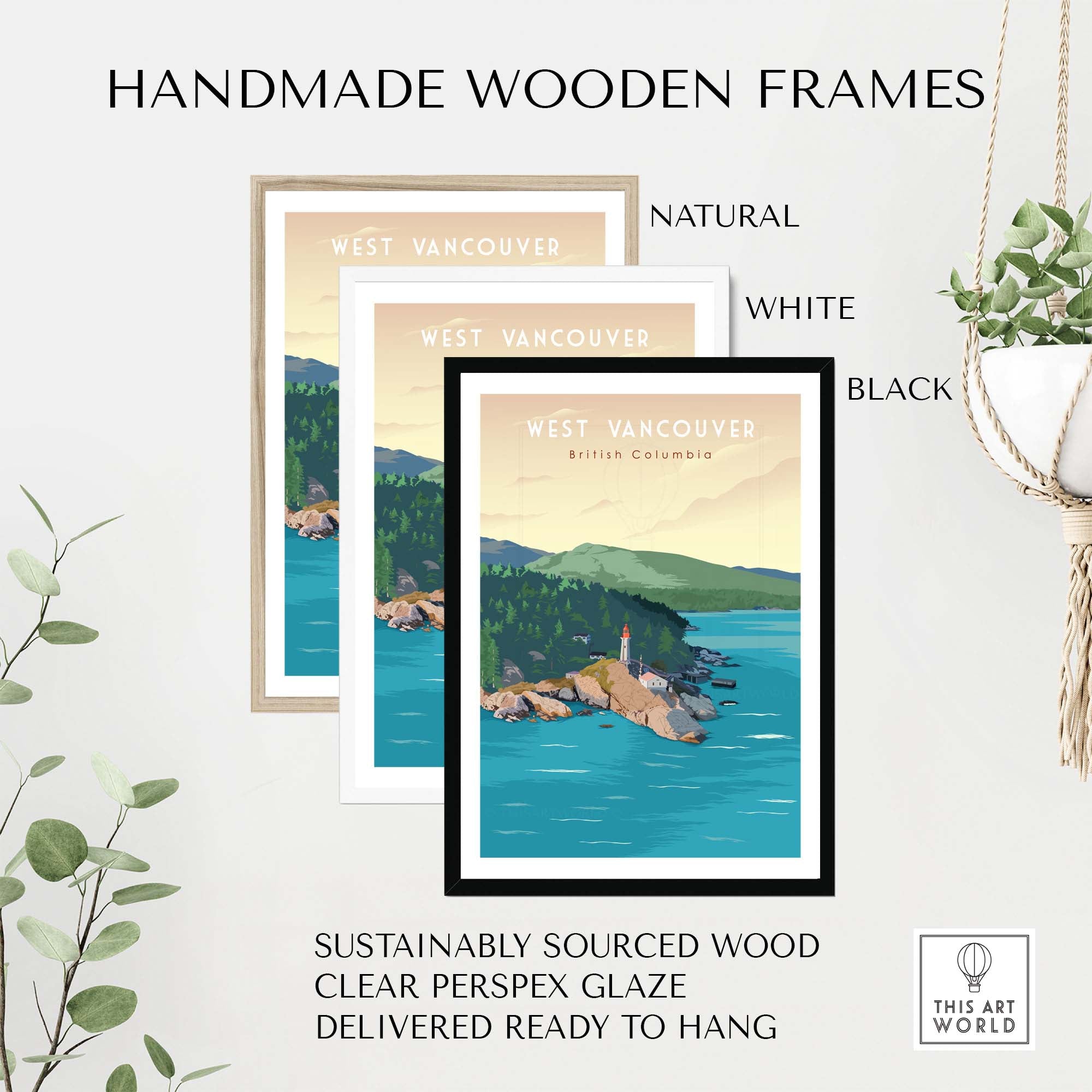 Handmade wooden frames in natural, white, and black for West Vancouver BC travel poster print.