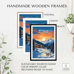 Whistler Ski Poster in handmade wooden frames with sunset, available in natural, white, and black finish. Sustainably sourced wood.