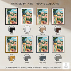 Lisbon Portugal Tram and Castle View Art Print | Pastel Cityscape Poster framed in various colors including black, white, and natural.