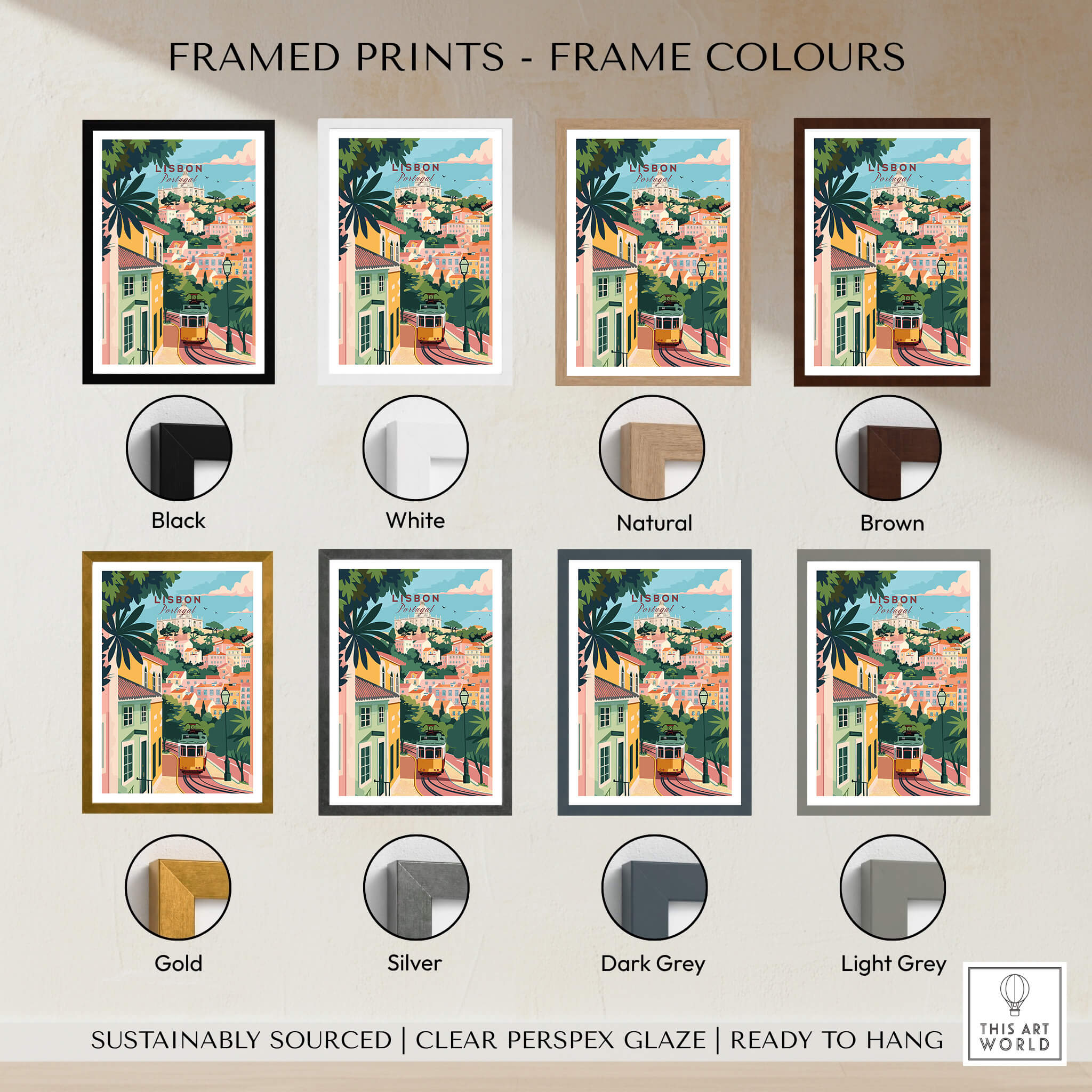 Lisbon Portugal Tram and Castle View Art Print | Pastel Cityscape Poster framed in various colors including black, white, and natural.