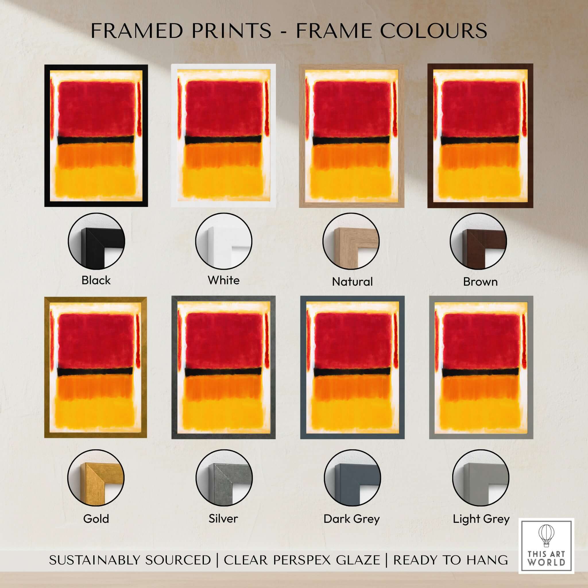 Framed prints color options display including black, white, natural, brown, gold, silver, dark grey, light grey.