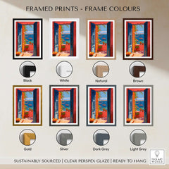 Matisse Open Window Mediterranean Sea View Art Print | Colorful Boats and Orange Door Poster framed color options.