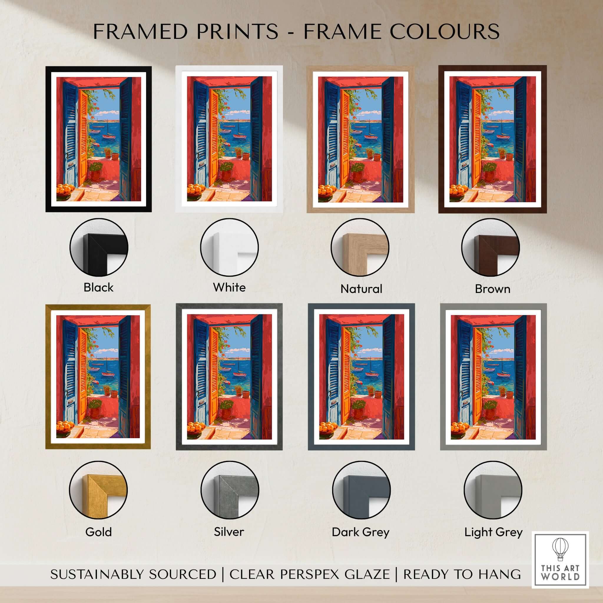 Matisse Open Window Mediterranean Sea View Art Print | Colorful Boats and Orange Door Poster framed color options.