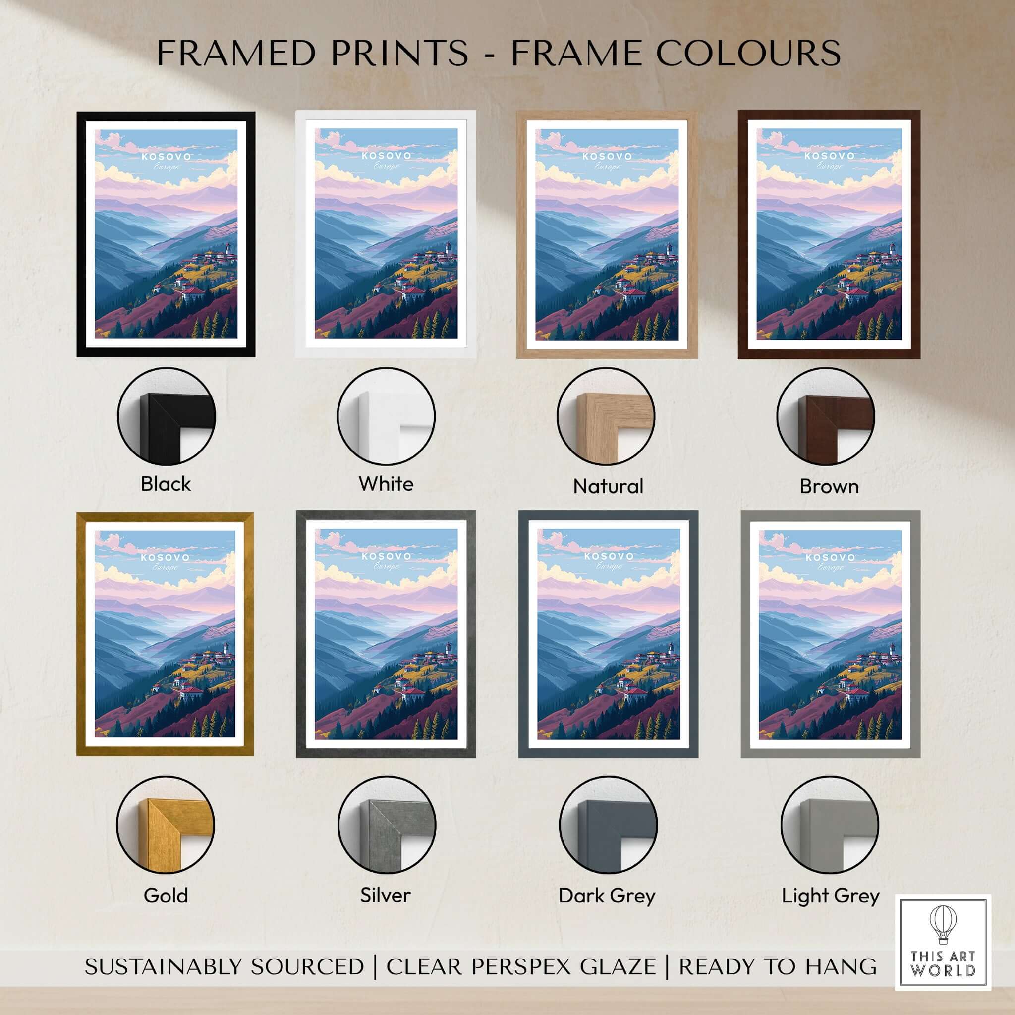 Kosovo Pristina Region Canvas Print | Balkan Home Decor framed print options in various colors on display.