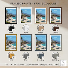 Nerja Spain Travel Poster | Sunny Spanish Coast Wall Art Print framed in various color options including black, white, and natural.