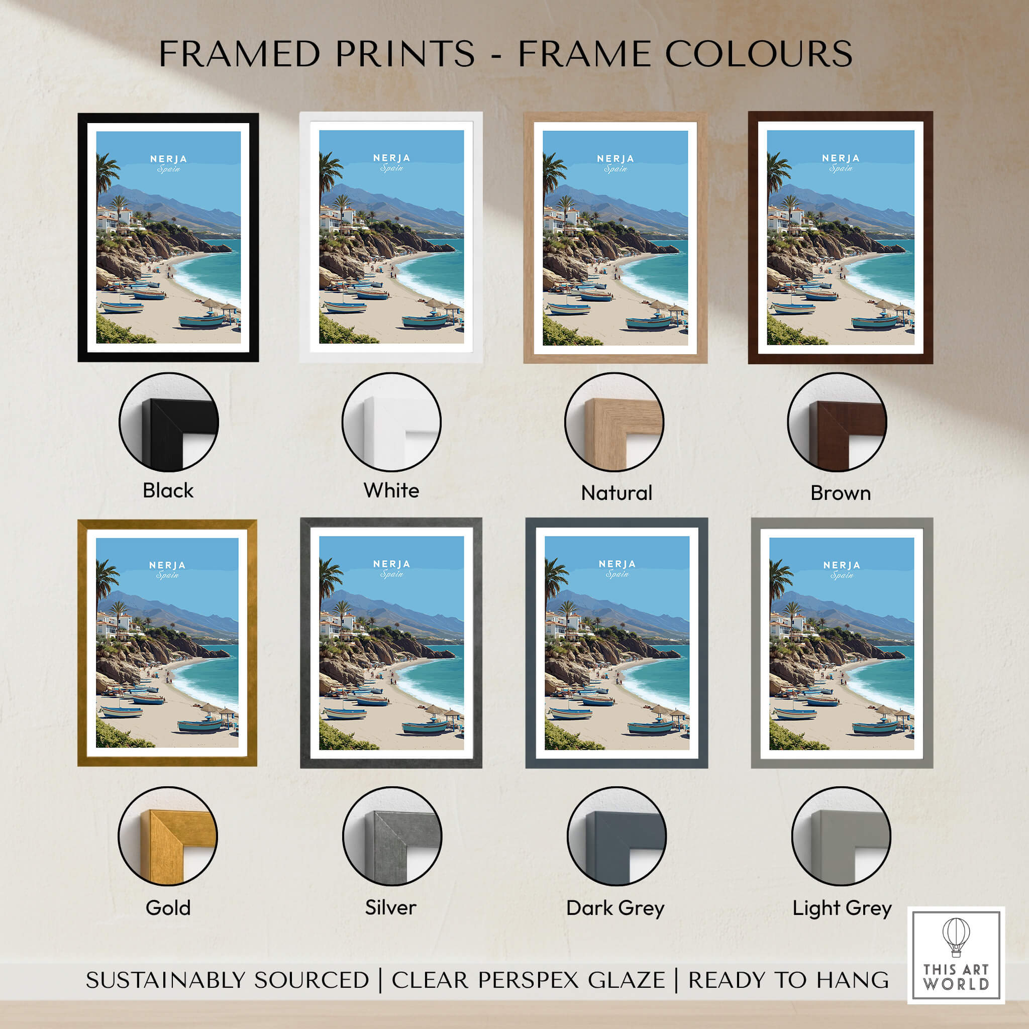 Nerja Spain Travel Poster | Sunny Spanish Coast Wall Art Print framed in various color options including black, white, and natural.