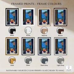 Matisse Portofino Balcony Art Print | Italian Harbour Village Poster framed print options in various colors.