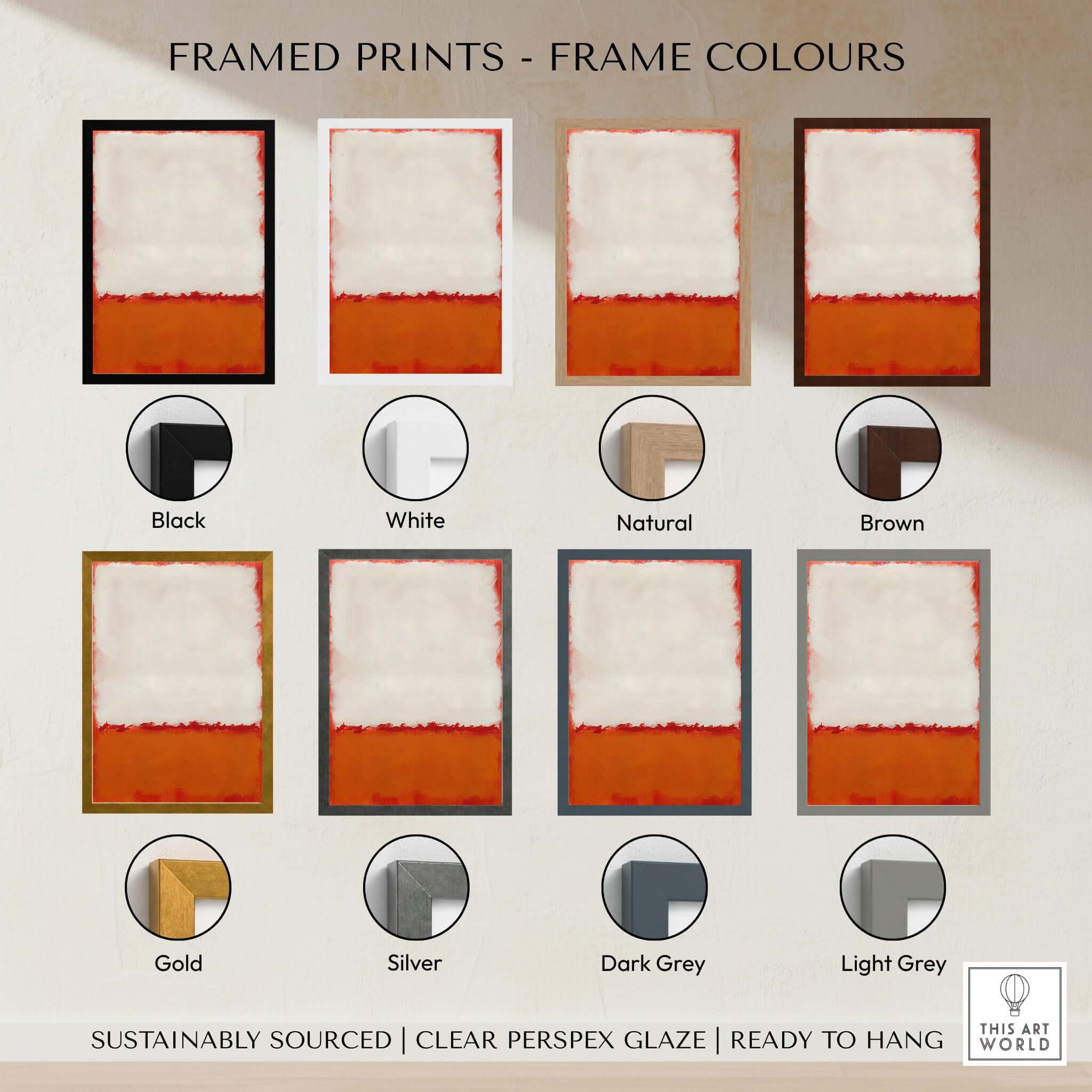 Framed Prints - Frame Colours options including Black, White, Natural, Brown, Gold, Silver, Dark Grey, Light Grey.
