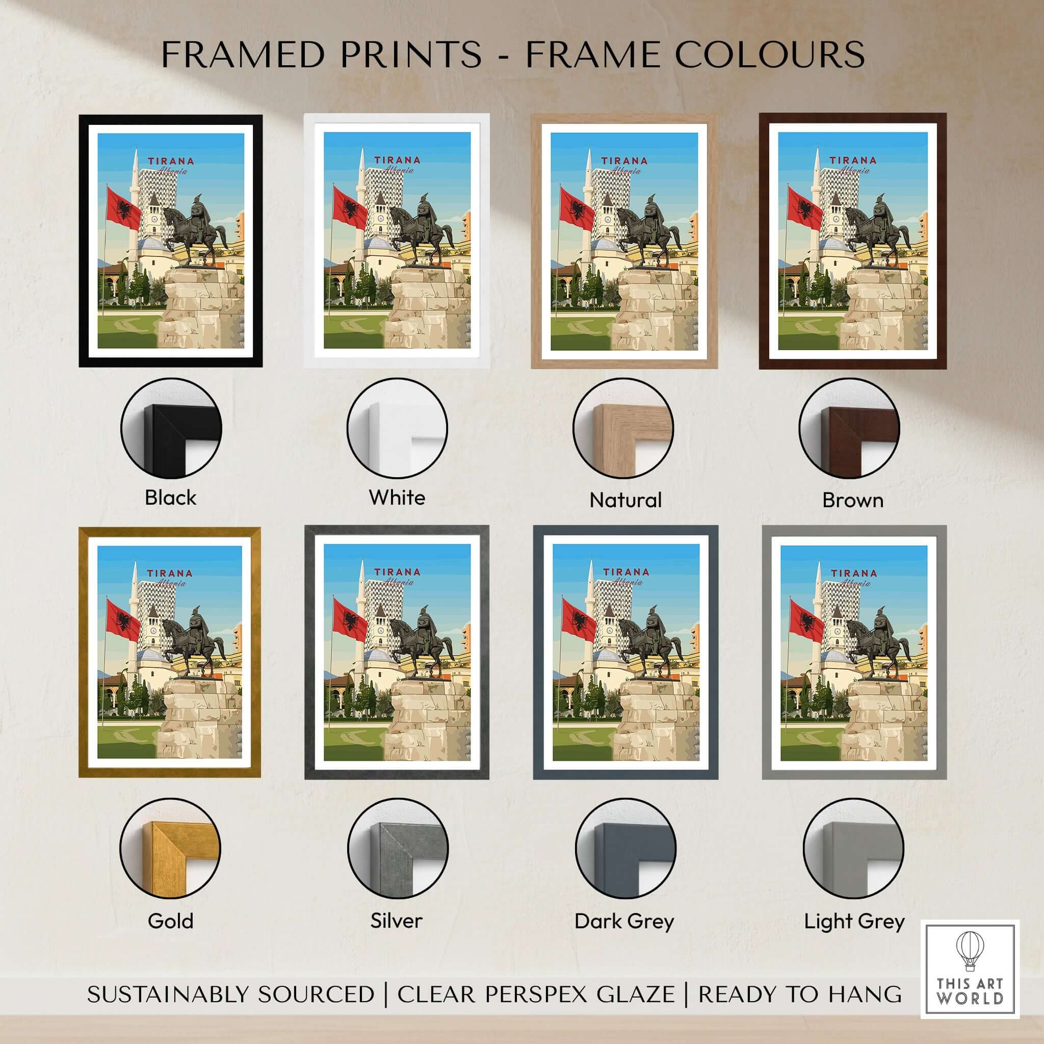 Framed prints in various colors for Tirana Skanderbeg Canvas Print | Albanian Wall Art display options.