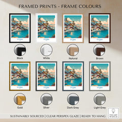 Hydra Greece Canvas Print | Blue Sea & White Architecture Poster framed print colour options including Black, White, Natural, Brown, Gold, Silver, Dark Grey, Light Grey.