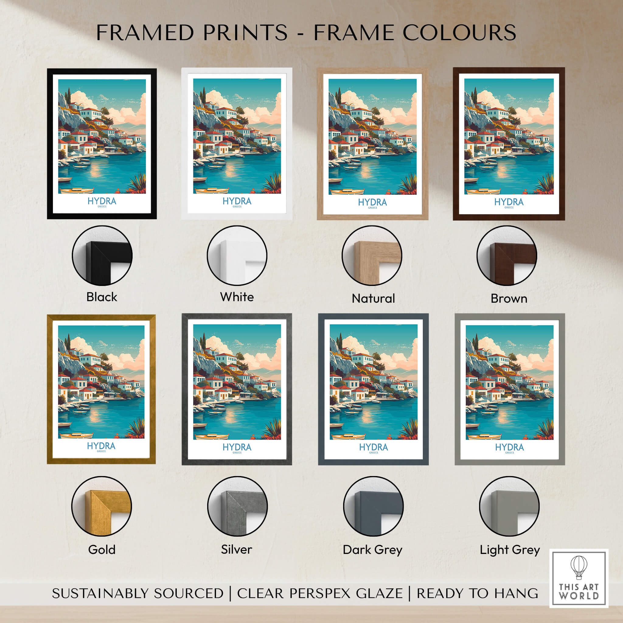 Hydra Greece Canvas Print | Blue Sea & White Architecture Poster framed print colour options including Black, White, Natural, Brown, Gold, Silver, Dark Grey, Light Grey.