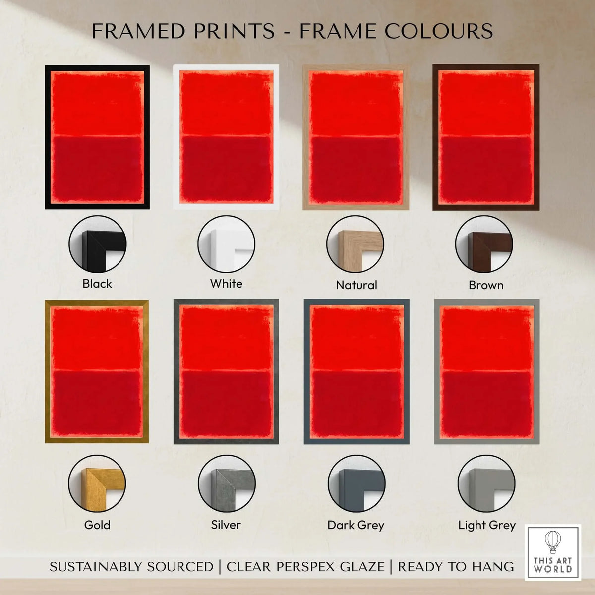 Framed prints color options for Mark Rothko Untitled Red on Red 1969 Abstract Canvas Art Print: Black, White, Natural, Brown, Gold, Silver, Dark Grey, Light Grey.