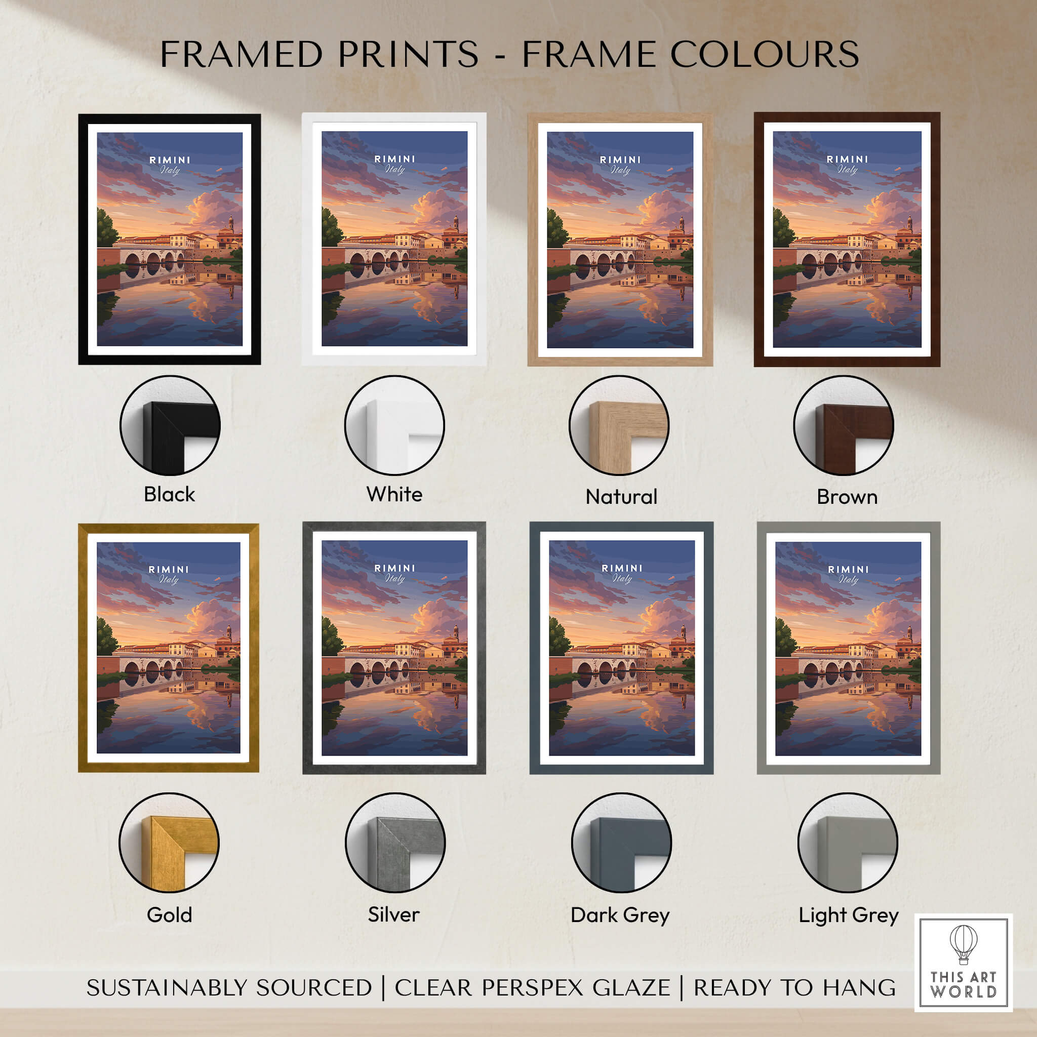 Rimini Italy Wall Art Print | Dramatic Sunset Over Tiberius Bridge Travel Poster framed prints in various colors