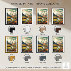 Framed prints of The Highlands Scotland Autumn Valley | Scottish Travel Wall Decor in various frame colors and styles.