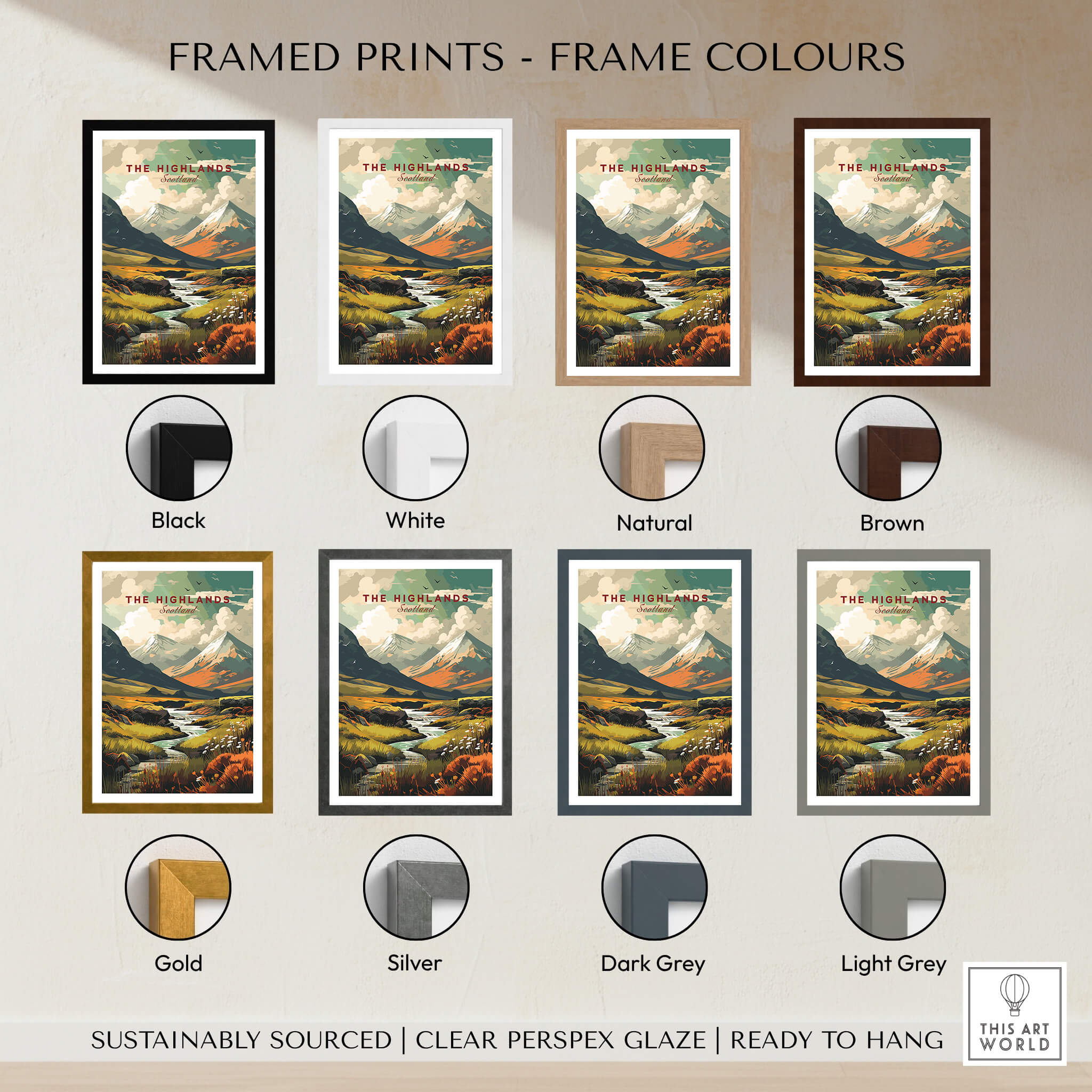 Framed prints of The Highlands Scotland Autumn Valley | Scottish Travel Wall Decor in various frame colors and styles.