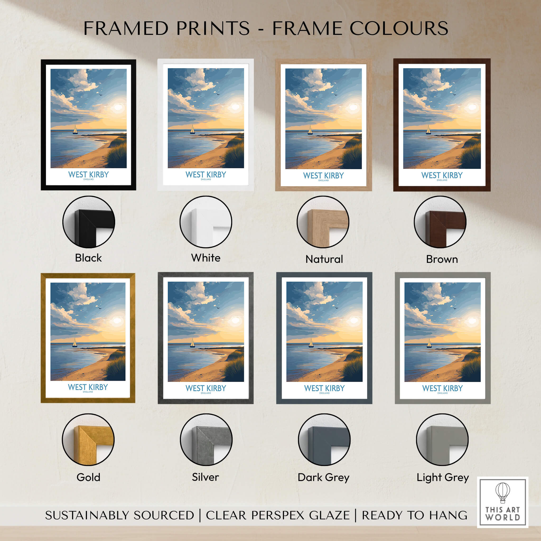 West Kirby England Canvas Print | Serene Coastline Sailboat Scene Poster framed print colour options display.