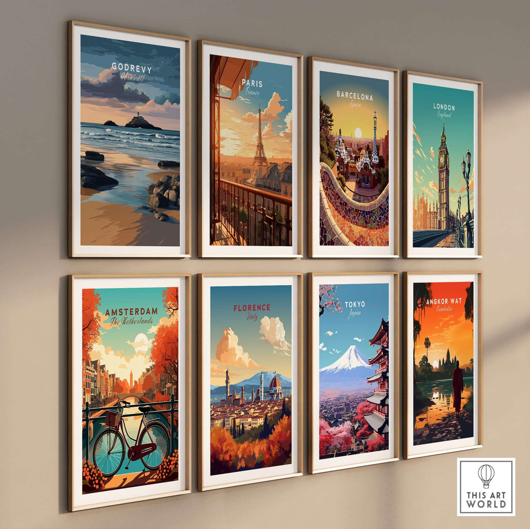 Gallery of travel posters featuring Godrevy, Paris, Barcelona, London, Amsterdam, Florence, Tokyo, and Angkor Wat.