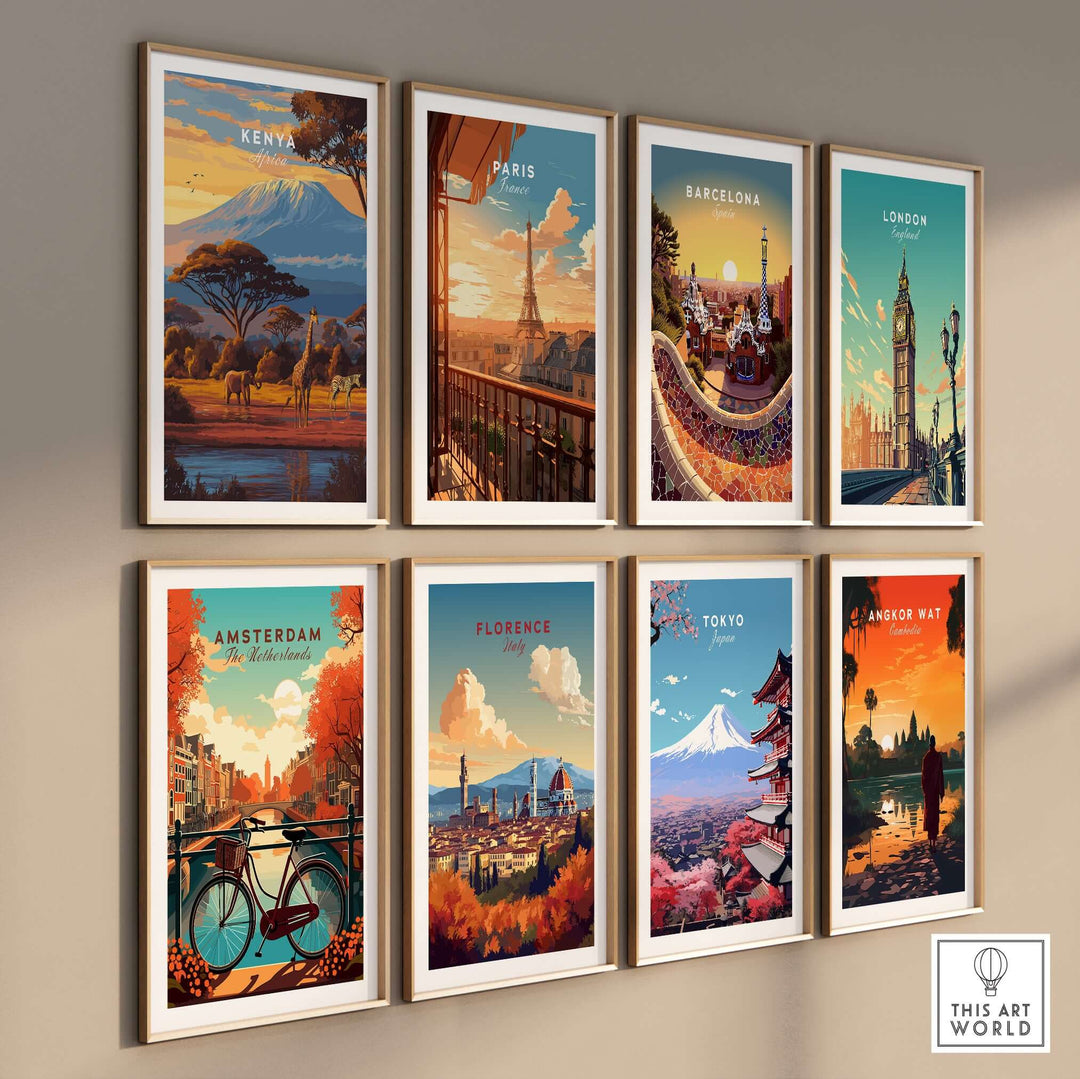 Collection of art prints featuring landmarks from Kenya, Paris, Barcelona, London, Amsterdam, Florence, Tokyo, and Angkor Wat.