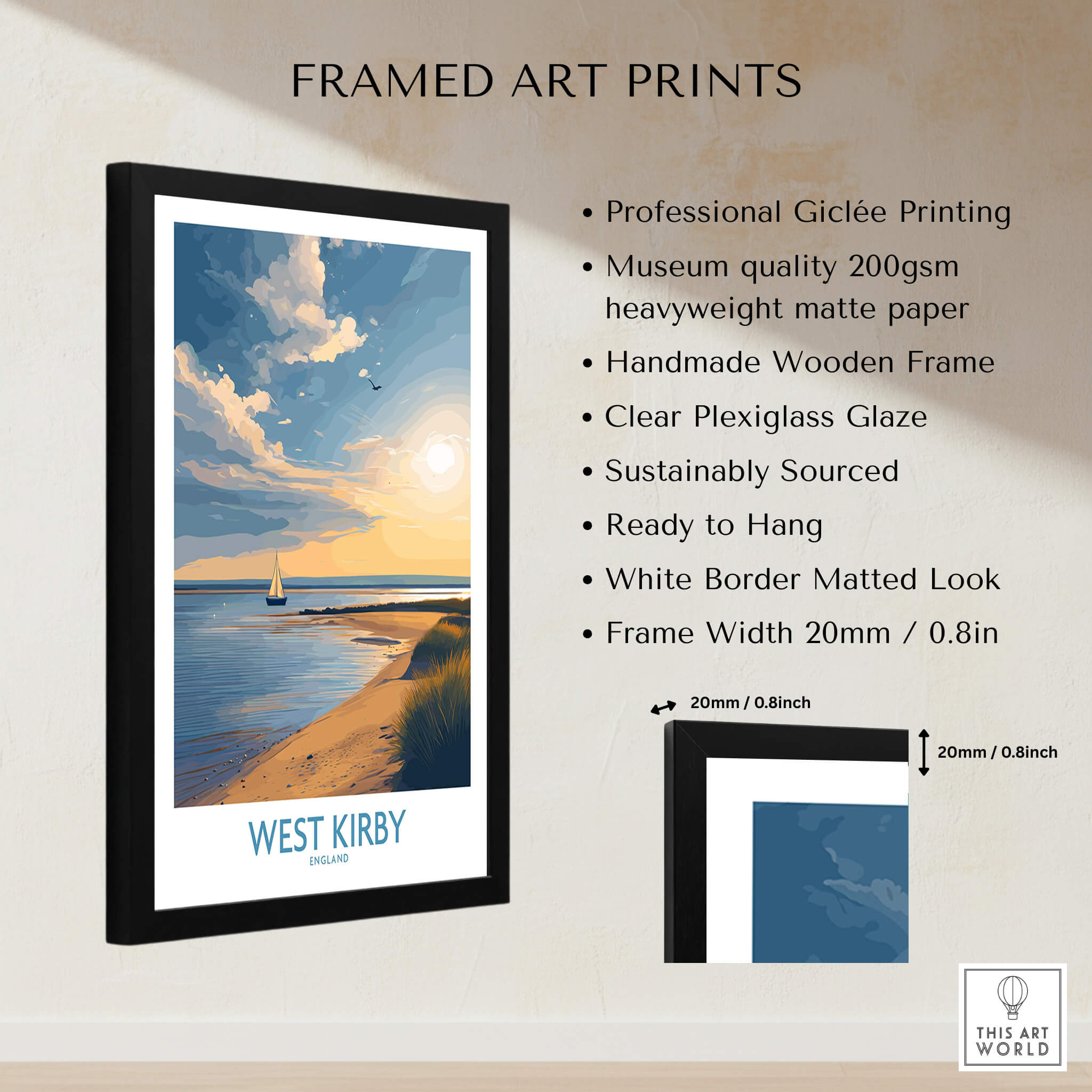 West Kirby England Canvas Print | Serene Coastline Sailboat Scene Poster framed art print with a picturesque seaside view.