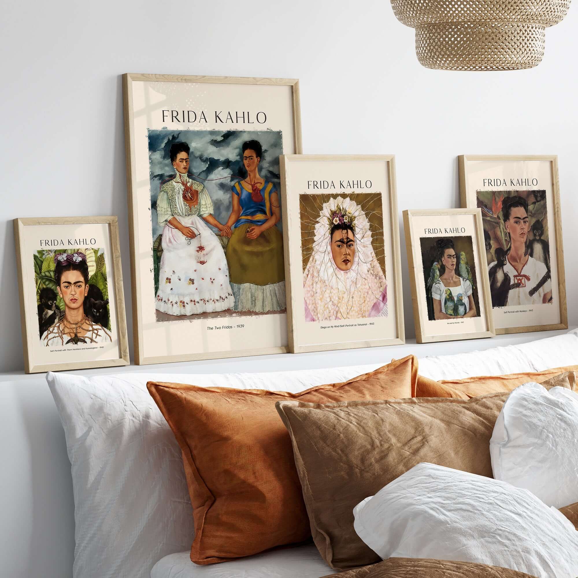 Frida Kahlo The Two Fridas Famous Art Print Poster Wall Art in a stylish home decor setting with multiple framed prints.