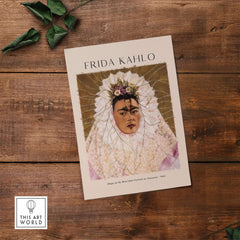 Frida Kahlo Diego on My Mind Tehuana Self Portrait Poster Art Print featuring traditional attire and floral headpiece.