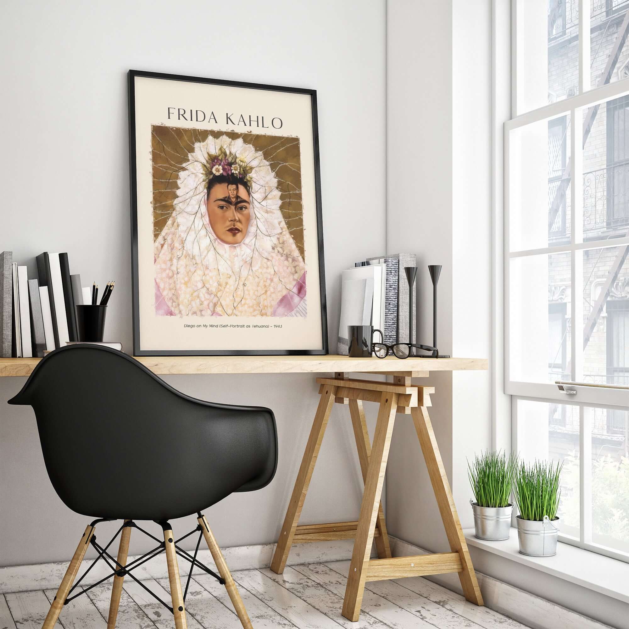 Frida Kahlo Diego on My Mind Tehuana Self Portrait Poster Art Print displayed in a stylish modern workspace.