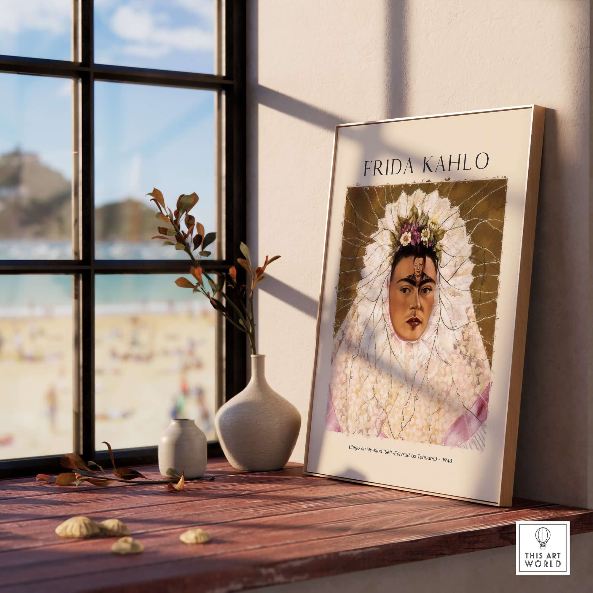 Frida Kahlo Diego on My Mind Tehuana Self Portrait Poster Art Print displayed on a table near a window with beach view.
