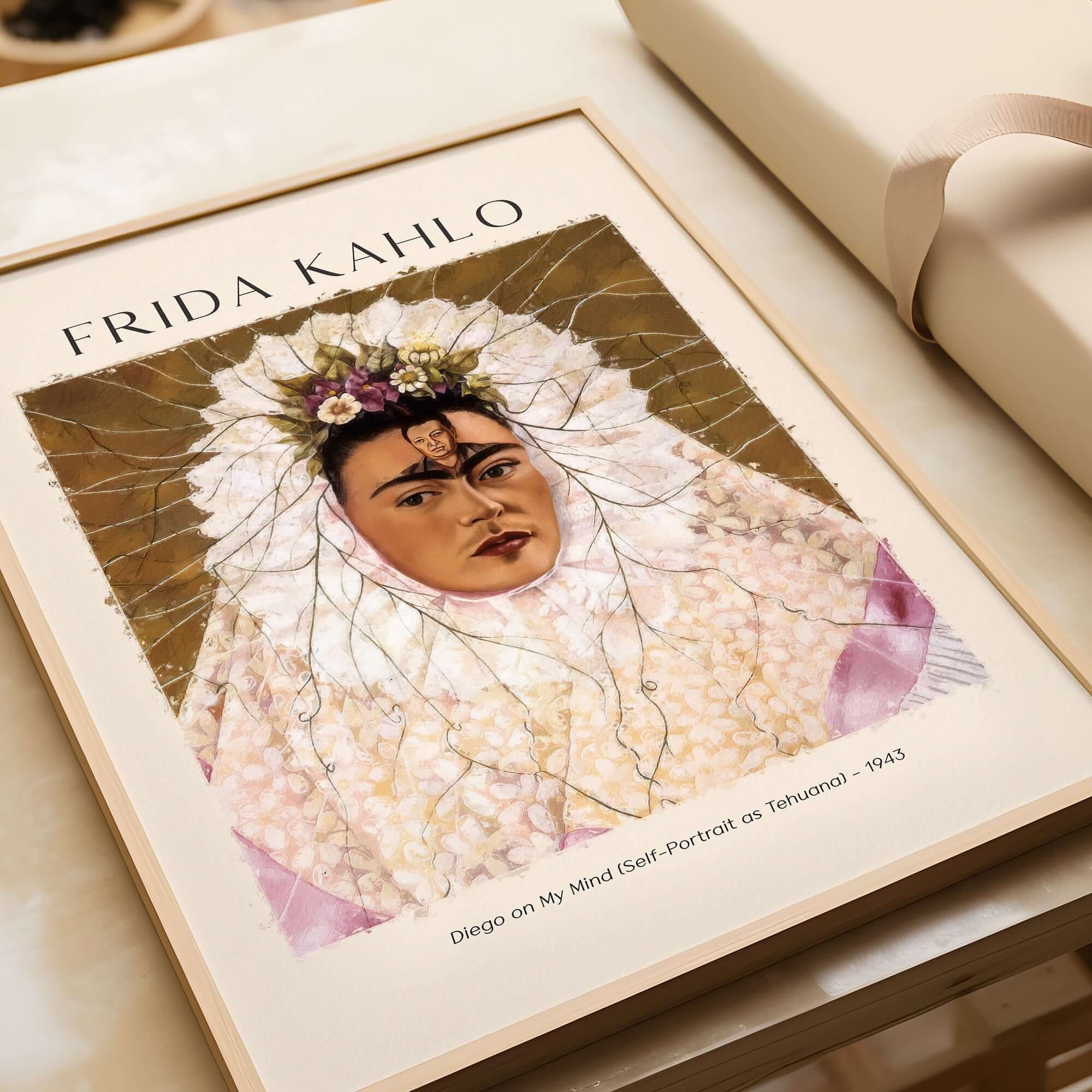Frida Kahlo Diego on My Mind Tehuana Self Portrait Poster Art Print featuring Tehuana attire and Diego Rivera portrait.
