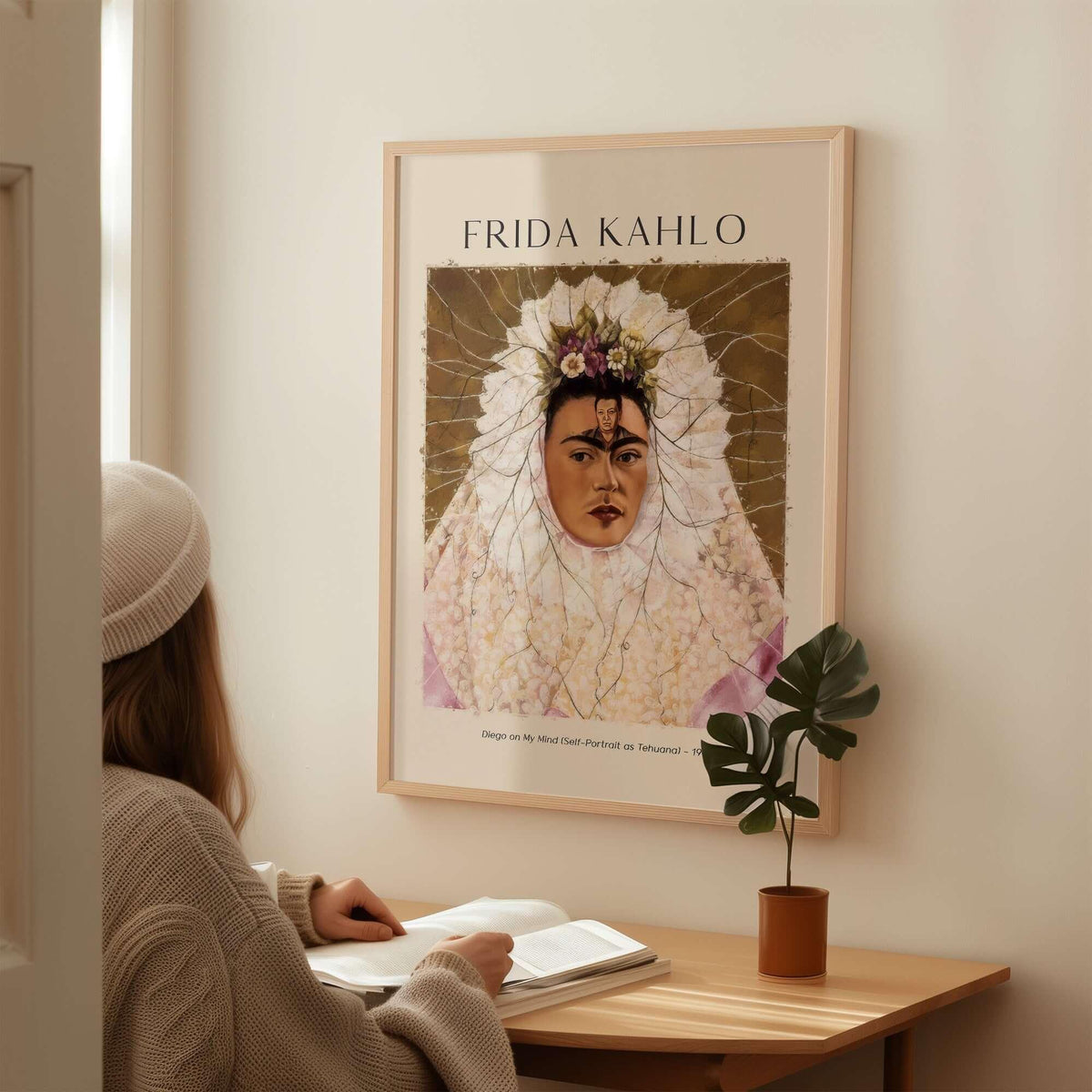 Frida Kahlo Diego on My Mind Tehuana Self Portrait Poster Art Print displayed in a home setting.
